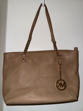 Michael Kors Beige Leather Tote with Gold Chain Detail